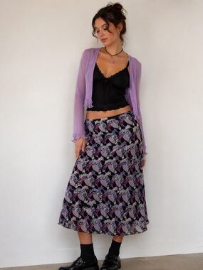 Allison Taylor Fairycore Whimsygoth Y2K Silk Purple Black Floral Midi Skirt XL